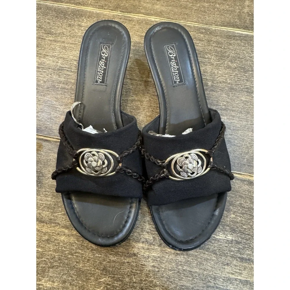 Brighton‎ Lilian Black Leather Wedge Mules Size 8 Silver
